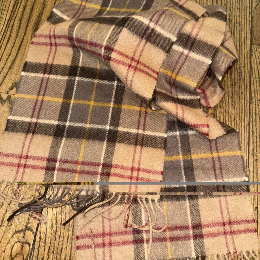 Barbour Tartan Brown Check Plaid Merino Wool Cashmere Rectangle Scarf 10
